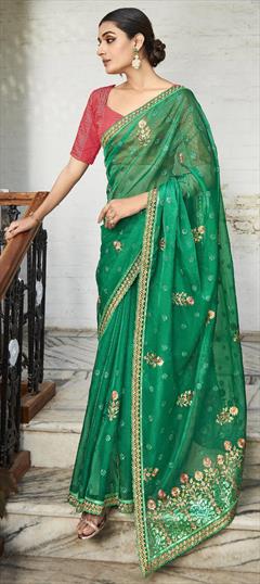 Engagement, Reception, Wedding Green color Saree in Organza Silk, Silk fabric with Classic, South Embroidered, Resham, Sequence, Thread work : 1909280