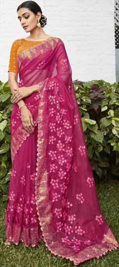 Engagement, Reception, Wedding Pink and Majenta color Saree in Organza Silk, Silk fabric with Classic, South Embroidered, Resham, Sequence, Thread work : 1909293
