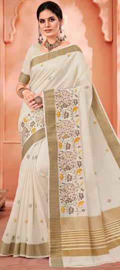 Casual, Traditional White and Off White color Saree in Cotton fabric with Bengali Embroidered, Resham, Thread work : 1909380