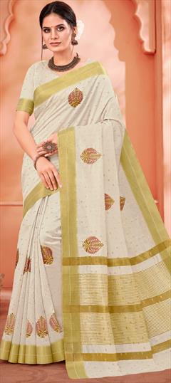 Casual, Traditional White and Off White color Saree in Cotton fabric with Bengali Embroidered, Resham, Thread work : 1909382