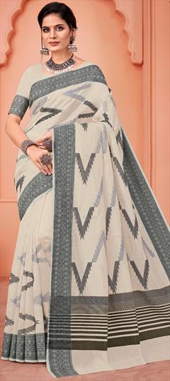 Casual, Traditional White and Off White color Saree in Cotton fabric with Bengali Embroidered, Resham, Thread work : 1909383