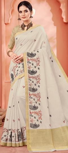 Casual, Traditional White and Off White color Saree in Cotton fabric with Bengali Embroidered, Resham, Thread work : 1909386