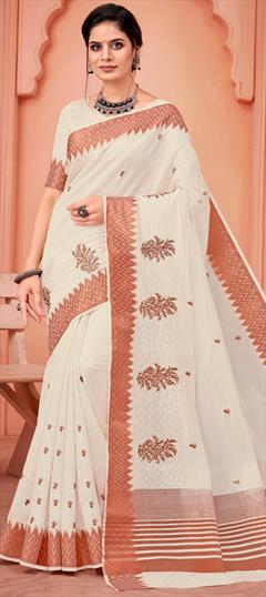 Casual, Traditional White and Off White color Saree in Cotton fabric with Bengali Embroidered, Resham, Thread work : 1909388