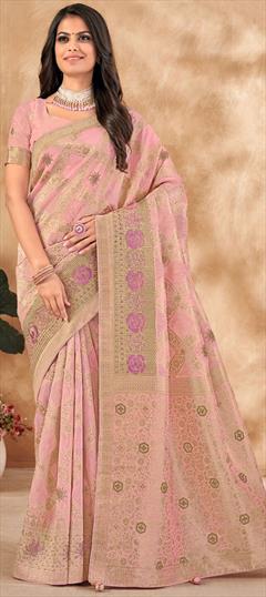 Bridal, Traditional, Wedding Pink and Majenta color Saree in Silk cotton fabric with Bengali, South Embroidered, Stone, Thread, Weaving, Zari work : 1909418