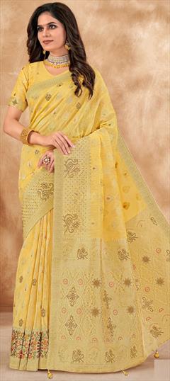 Bridal, Traditional, Wedding Yellow color Saree in Silk cotton fabric with Bengali, South Embroidered, Stone, Thread, Weaving, Zari work : 1909421
