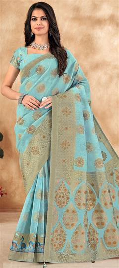 Bridal, Traditional, Wedding Blue color Saree in Silk cotton fabric with Bengali, South Embroidered, Stone, Thread, Weaving, Zari work : 1909423