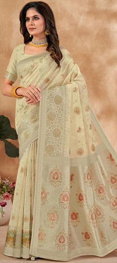 Bridal, Traditional, Wedding Beige and Brown color Saree in Silk cotton fabric with Bengali, South Embroidered, Stone, Thread, Weaving, Zari work : 1909425
