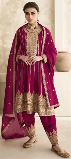 Mehendi Sangeet, Reception, Wedding Red and Maroon color Salwar Kameez in Silk fabric with Anarkali Embroidered, Sequence, Thread, Zari work : 1909542