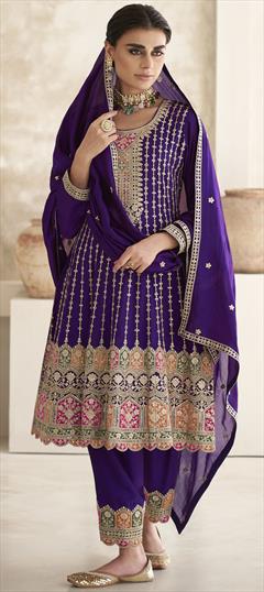 Mehendi Sangeet, Reception, Wedding Purple and Violet color Salwar Kameez in Silk fabric with Anarkali Embroidered, Sequence, Thread, Zari work : 1909543