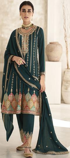 Mehendi Sangeet, Reception, Wedding Blue color Salwar Kameez in Silk fabric with Anarkali Embroidered, Sequence, Thread, Zari work : 1909544