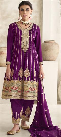 Mehendi Sangeet, Reception, Wedding Pink and Majenta color Salwar Kameez in Silk fabric with Anarkali Embroidered, Sequence, Thread, Zari work : 1909545