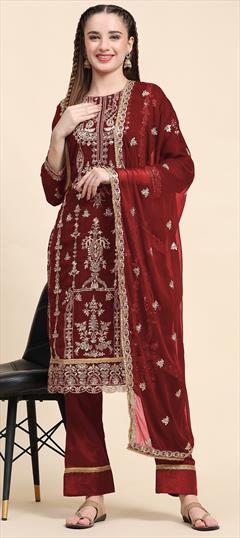 Festive, Party Wear, Reception Red and Maroon color Salwar Kameez in Faux Georgette fabric with Pakistani, Straight Embroidered, Resham, Thread work : 1909576