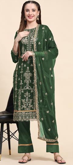 Festive, Party Wear, Reception Green color Salwar Kameez in Faux Georgette fabric with Pakistani, Straight Embroidered, Resham, Thread work : 1909579