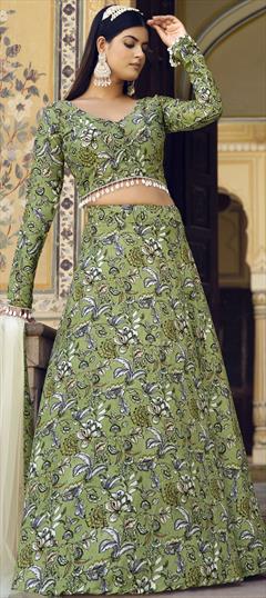 Festive, Party Wear, Reception Green color Lehenga in Crushed Silk fabric with Flared Floral, Printed work : 1909603