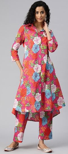 Summer Pink and Majenta color Co-ords Set in Cotton fabric with Straight Floral, Printed work : 1909704