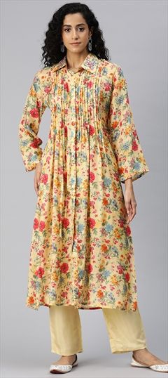 Casual, Summer Yellow color Salwar Kameez in Muslin fabric with Slits Floral, Printed work : 1909817