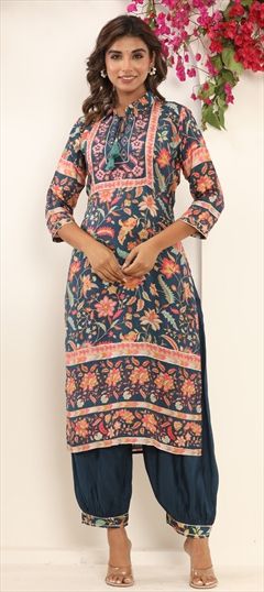 Casual, Summer Blue color Salwar Kameez in Muslin fabric with Floral, Printed work : 1909823
