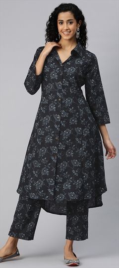 Festive, Summer Black and Grey color Salwar Kameez in Cotton fabric with Straight Floral, Printed work : 1909825