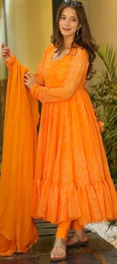 Party Wear Orange color Salwar Kameez in Faux Georgette fabric with Anarkali Foil Print work : 1909826