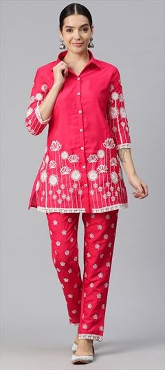 Casual, Summer Pink and Majenta color Co-ords Set in Silk cotton fabric with Embroidered, Resham, Thread work : 1909836