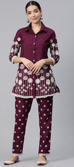 Casual, Summer Red and Maroon color Co-ords Set in Silk cotton fabric with Straight Embroidered, Resham, Thread work : 1909837