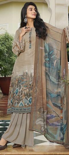Casual, Festive, Party Wear Beige and Brown color Salwar Kameez in Crepe Silk fabric with Straight Printed work : 1909943