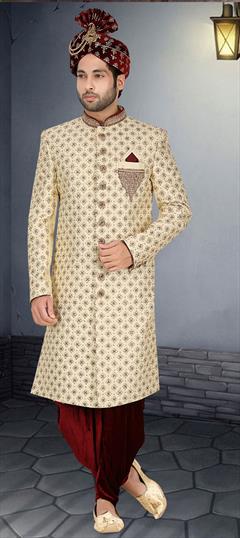 Party Wear, Wedding Beige and Brown color Sherwani in Jacquard fabric with Bugle Beads, Cut Dana, Patch, Stone work : 1909969