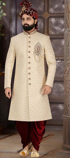 Party Wear, Wedding Beige and Brown color Sherwani in Jacquard fabric with Bugle Beads, Cut Dana, Patch, Stone work : 1909970