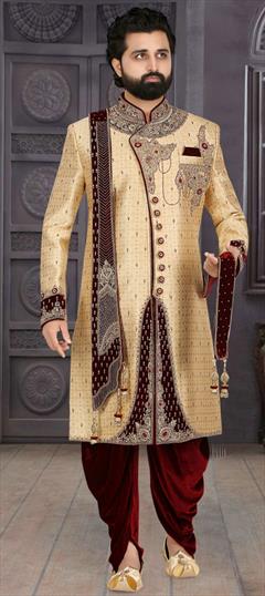 Party Wear, Wedding Beige and Brown color Sherwani in Jacquard fabric with Bugle Beads, Cut Dana, Patch, Stone, Zari work : 1909971