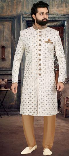 Party Wear, Wedding White and Off White color Sherwani in Jacquard fabric with Bugle Beads, Cut Dana, Patch, Stone work : 1909973