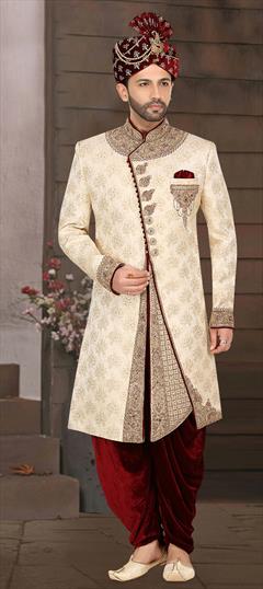Party Wear, Wedding Beige and Brown color Sherwani in Jacquard fabric with Bugle Beads, Cut Dana, Patch, Stone work : 1909974