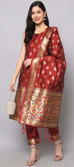 Casual Red and Maroon color Salwar Kameez in Cotton, Silk fabric with Straight Weaving work : 1909997