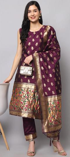 Casual Purple and Violet color Salwar Kameez in Cotton, Silk fabric with Straight Weaving work : 1910002