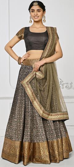 Engagement, Festive, Reception, Wedding Black and Grey color Lehenga in Silk fabric with Flared Digital Print work : 1910248