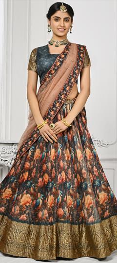 Mehendi Sangeet, Reception, Wedding Multicolor color Lehenga in Silk fabric with Flared Digital Print, Floral, Weaving, Zari work : 1910274