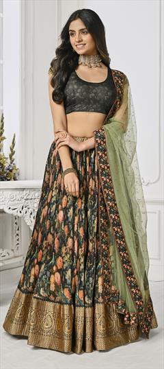 Mehendi Sangeet, Reception, Wedding Multicolor color Lehenga in Silk fabric with Flared Digital Print, Floral, Weaving, Zari work : 1910275