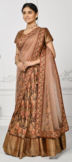 Mehendi Sangeet, Reception, Wedding Multicolor color Lehenga in Silk fabric with Flared Digital Print, Floral, Weaving, Zari work : 1910279