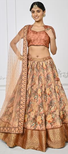 Mehendi Sangeet, Reception, Wedding Multicolor color Lehenga in Silk fabric with Flared Digital Print, Floral, Weaving, Zari work : 1910283