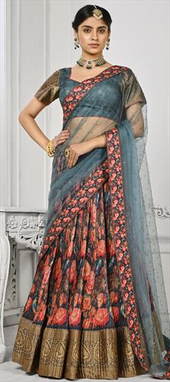 Mehendi Sangeet, Reception, Wedding Multicolor color Lehenga in Silk fabric with Flared Digital Print, Floral, Weaving, Zari work : 1910284