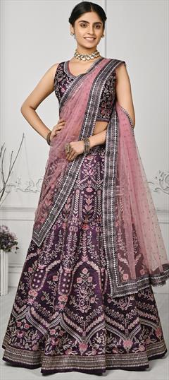 Bridal, Wedding Purple and Violet color Lehenga in Satin Silk fabric with Flared Digital Print, Floral work : 1910291