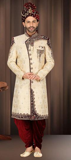 Party Wear, Reception, Wedding Beige and Brown color Sherwani in Jacquard fabric with Patch, Stone, Weaving, Zardozi work : 1910338