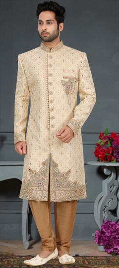 Party Wear, Reception, Wedding Beige and Brown color Sherwani in Jacquard fabric with Patch, Stone, Thread, Zari work : 1910341