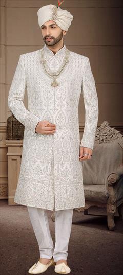 Party Wear, Reception, Wedding White and Off White color Sherwani in Jacquard fabric with Embroidered, Stone, Thread work : 1910344