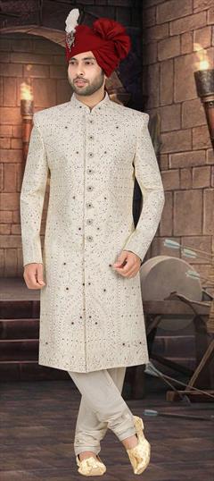 Party Wear, Reception, Wedding Beige and Brown color Sherwani in Jacquard fabric with Embroidered, Stone, Thread work : 1910347