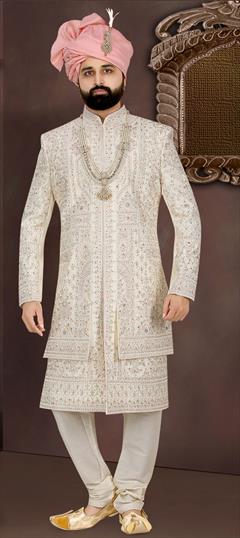 Party Wear, Reception, Wedding Beige and Brown color Sherwani in Jacquard fabric with Embroidered, Stone, Thread work : 1910348