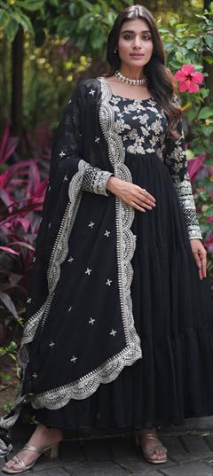 Festive, Party Wear, Reception Black and Grey color Gown in Georgette fabric with Embroidered, Resham, Sequence work : 1910354