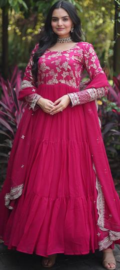 Festive, Party Wear, Reception Pink and Majenta color Gown in Georgette fabric with Embroidered, Resham, Sequence work : 1910355