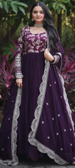Festive, Party Wear, Reception Purple and Violet color Gown in Georgette fabric with Embroidered, Resham, Sequence work : 1910356