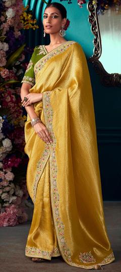 Bridal, Wedding Yellow color Saree in Banarasi Silk, Silk fabric with Classic, South Embroidered, Resham, Sequence, Thread, Zari work : 1910385