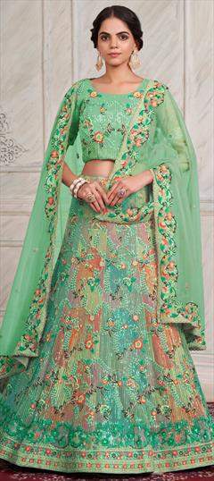 Bridal, Wedding Green color Lehenga in Net fabric with Flared Sequence, Thread work : 1910476